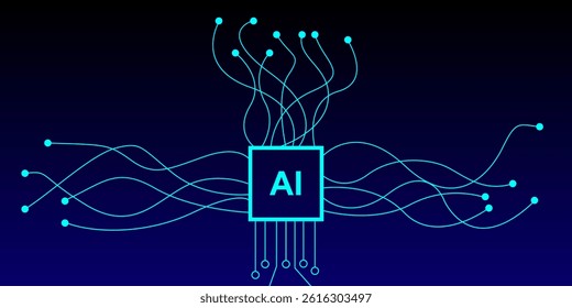 Abstract circuit board Artificial Intelligence background.AI concept line motherboard technology and wavy line and dot. Vector illustration.