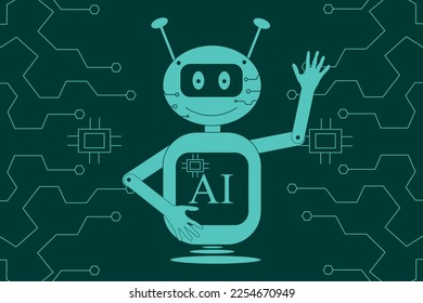 Abstract circuit board background with ai robot. A big horizontal banner with geometric shapes, cyborg and editable outline. The chip. Artificial intelligence.