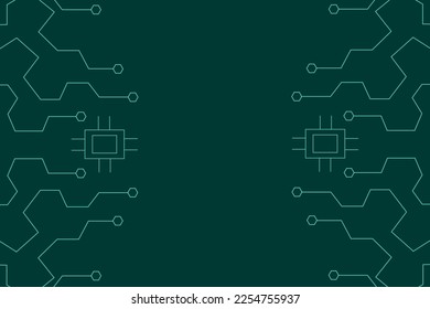 Abstract circuit board background. A big horizontal banner with geometric shapes and editable outline and copy space. The chip. Artificial intelligence.