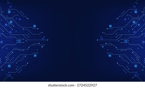 Abstrakter Leiterplattenhintergrund auf Blau. Technologie Linien Schaltung und Punkte. KI Innovation futuristisches Konzept. Hauptplatine und HTML-Code. Big Data und digitale Technologie. Vektorgrafik.