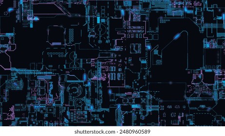 Abstract circuit board background. Computer parts, microcircuits on an electronic board. Futuristic data processing on an electronic board. Microelectronics technology concepts. Hardware Engineering. 