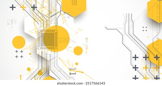 Abstract circuit board background with hexagons. Hi-tech digital technology concept. Hand drawn vector.