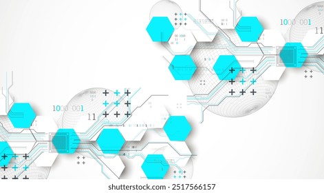 Fondo Abstractas de la placa de circuito con hexágonos y esfera. Concepto de tecnología digital de alta tecnología. Vector dibujado a mano.