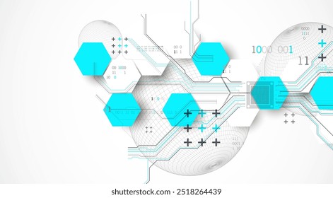 Fondo Abstractas de la placa de circuito con hexágonos y esfera. Concepto de tecnología digital de alta tecnología. Vector dibujado a mano.