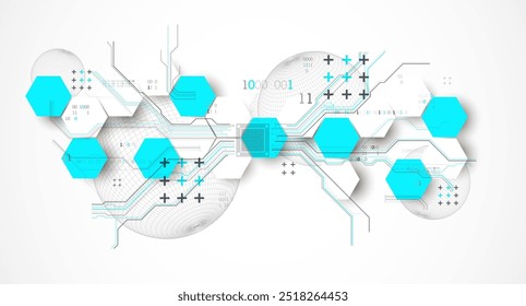 Abstract circuit board background with hexagons and sphere. Hi-tech digital technology concept. Hand drawn vector.