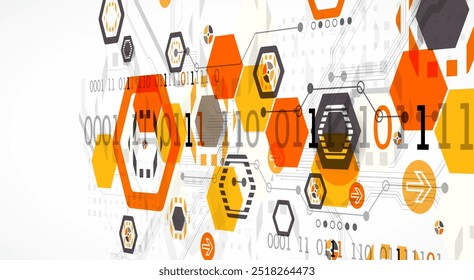 Abstract circuit board background with hexagons. Hi-tech digital technology concept. Hand drawn vector.