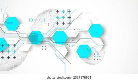Fondo Abstractas de la placa de circuito con hexágonos y esfera. Concepto de tecnología digital de alta tecnología. Vector dibujado a mano.