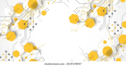 Abstract circuit board background with hexagons. Hi-tech digital technology concept. Hand drawn vector.