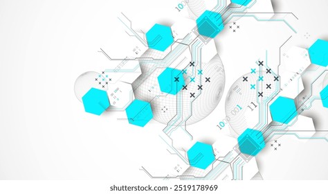 Fondo Abstractas de la placa de circuito con hexágonos y esfera. Concepto de tecnología digital de alta tecnología. Vector dibujado a mano.