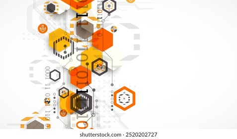 Abstrakter Leiterplattenhintergrund mit Sechsecken. Hi-Tech-Konzept für digitale Technologie. Handgezeichneter Vektor.
