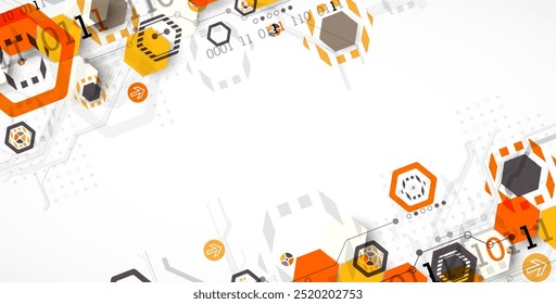 Fundo abstrato da placa de circuito com hexágonos. Conceito de tecnologia digital de alta tecnologia. Vetor desenhado à mão.