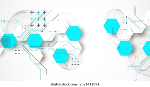 Abstract circuit board background with hexagons and sphere. Hi-tech digital technology concept. Hand drawn vector.