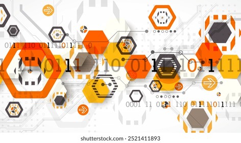 Fundo abstrato da placa de circuito com hexágonos. Conceito de tecnologia digital de alta tecnologia. Vetor desenhado à mão.