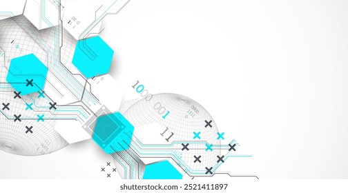 Fondo Abstractas de la placa de circuito con hexágonos y esfera. Concepto de tecnología digital de alta tecnología. Vector dibujado a mano.