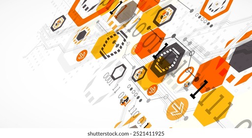 Abstract circuit board background with hexagons. Hi-tech digital technology concept. Hand drawn vector.