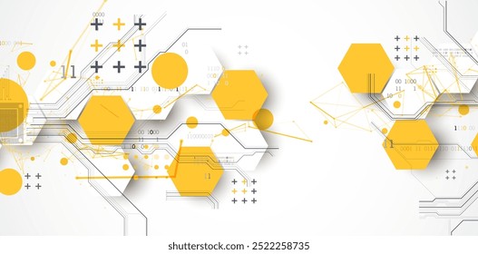 Abstract circuit board background with hexagons. Hi-tech digital technology concept. Hand drawn vector.