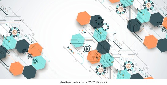 Fondo de placa Abstractas con hexágonos. Concepto de tecnología digital de alta tecnología. Vector dibujado a mano.
