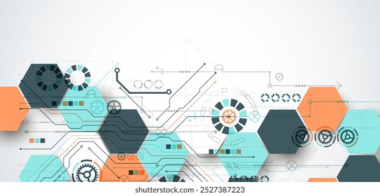 Abstract circuit board background with hexagons. Hi-tech digital technology concept. Hand drawn vector.