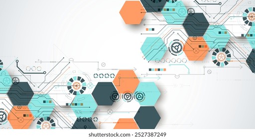 Abstract circuit board background with hexagons. Hi-tech digital technology concept. Hand drawn vector.