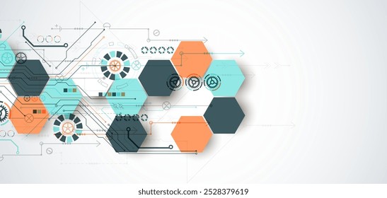 Abstract circuit board background with hexagons. Hi-tech digital technology concept. Hand drawn vector.