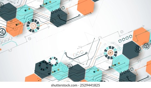 Fundo abstrato da placa de circuito com hexágonos. Conceito de tecnologia digital de alta tecnologia. Vetor desenhado à mão.