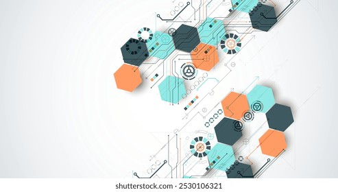 Fondo de placa Abstractas con hexágonos. Concepto de tecnología digital de alta tecnología. Vector dibujado a mano.