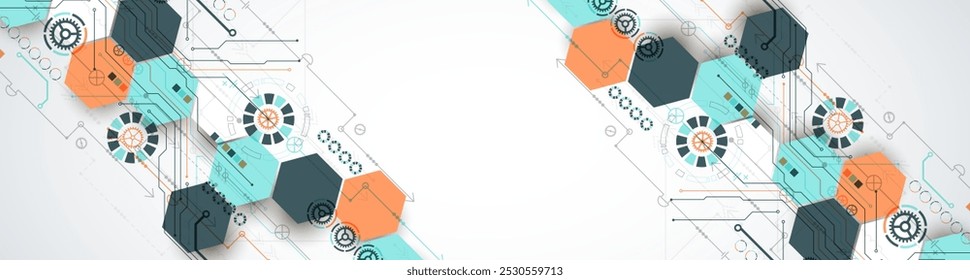 Abstract circuit board background with hexagons. Hi-tech digital technology concept. Hand drawn vector.