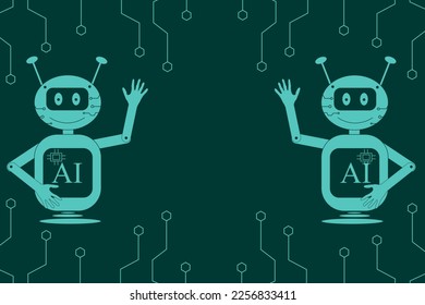 Resumen del fondo de la placa de circuito con robot y espacio de copia. Un gran banner horizontal con formas geométricas, ciborg y contorno editable. El chip. Inteligencia artificial.