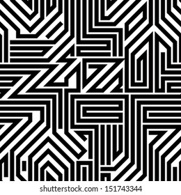 Abstract circuit board black and white seamless pattern, geometric lined vector background.