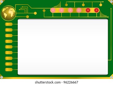 Abstract circuit board with blank display, red fire and globe