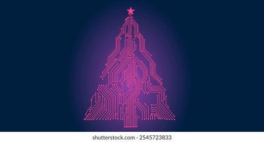 Abstract circuit board christmas natal tree on purple color. Abstract circuit board connecting lines christmas natal tree on purple color concept vector background design.