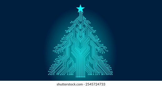 Abstract circuit board christmas natal tree on blue color. Abstract circuit board connecting lines christmas natal tree on blue color concept vector background design.