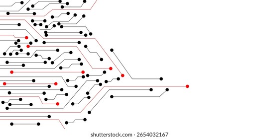 Computador de placa de circuito abstrato na tecnologia de fundo branco. Linhas e pontos com caminhos em preto e vermelho na placa-mãe. Ilustração vetorial.