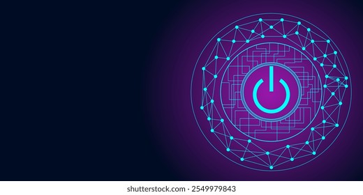 Abstract circuit board and connecting lines and dot power button inside digital technology background design vector. abstract conencting lines and dot power button icon technology digital vector.