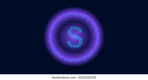 Placa de circuito abstrata e linhas de conexão e ponto, dólar, moedas, ícone de bitcoin no azul escuro projeto vetorial digital tecnologia de fundo.