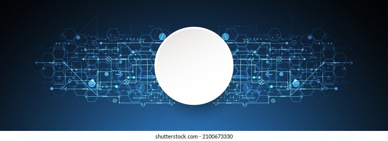 Abstract circuit board and hexagons on dark blue color background. Hi-tech digital technology concept.