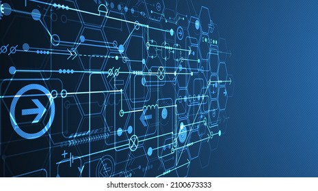 Abstract circuit board and hexagons on dark blue color background. Hi-tech digital technology concept.