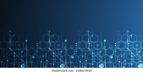 Abstract circuit board and hexagons on dark blue color background. Hi-tech digital technology concept.