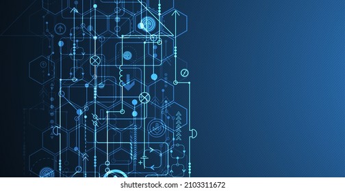 Abstract circuit board and hexagons on dark blue color background. Hi-tech digital technology concept.