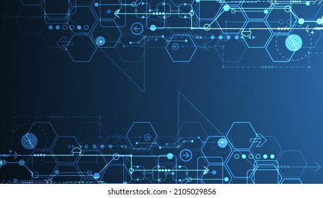 Abstract circuit board and hexagons on dark blue color background. Hi-tech digital technology concept.