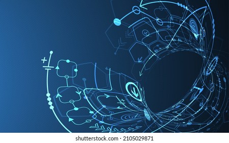 Abstract circuit board and hexagons on dark blue color background. Hi-tech digital technology concept.