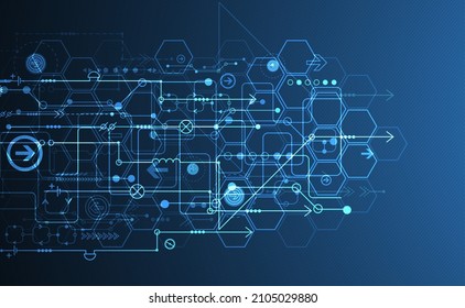 Tarjeta de circuito abstracto y hexágonos sobre fondo de color azul oscuro. Concepto de tecnología digital de alta tecnología.