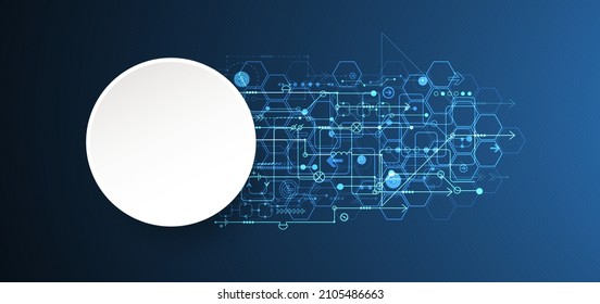 Abstract circuit board and hexagons on dark blue color background. Hi-tech digital technology concept.