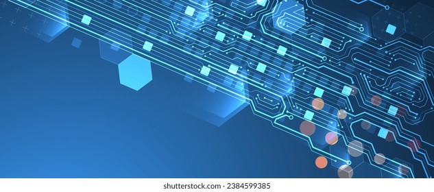 Abstract circuit board and hexagons on gradient color background. Hi-tech digital technology concept. Handmade vector art.