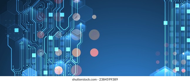 Abstract circuit board and hexagons on gradient color background. Hi-tech digital technology concept. Handmade vector art.