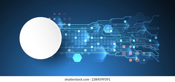 Abstract circuit board and hexagons on gradient color background. Hi-tech digital technology concept. Handmade vector art.