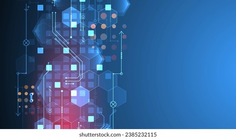 Abstract circuit board and hexagons on gradient color background. Digital technology concept. Handmade vector art.