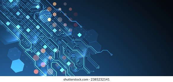 Abstract circuit board and hexagons on gradient color background. Hi-tech digital technology concept. Handmade vector art.