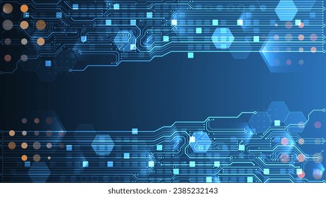Abstract circuit board and hexagons on gradient color background. Hi-tech digital technology concept. Handmade vector art.