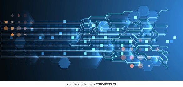 Abstract circuit board and hexagons on gradient color background. Hi-tech digital technology concept. Handmade vector art.